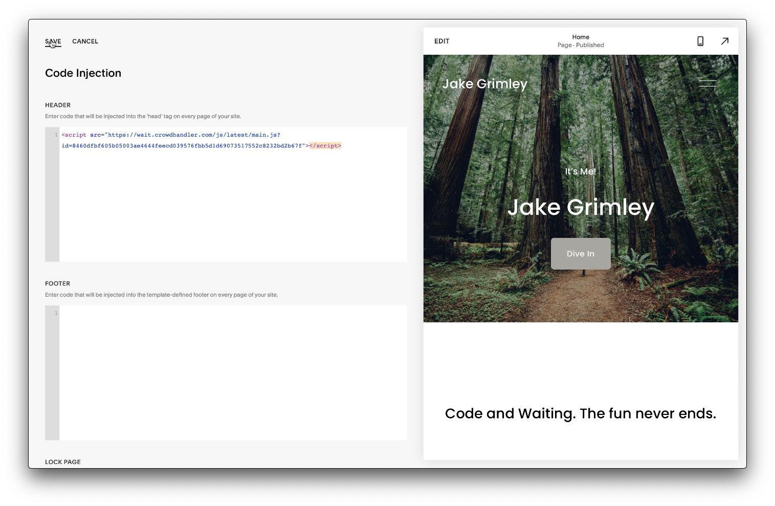 example of code injection in a web builder such as SquareSpace